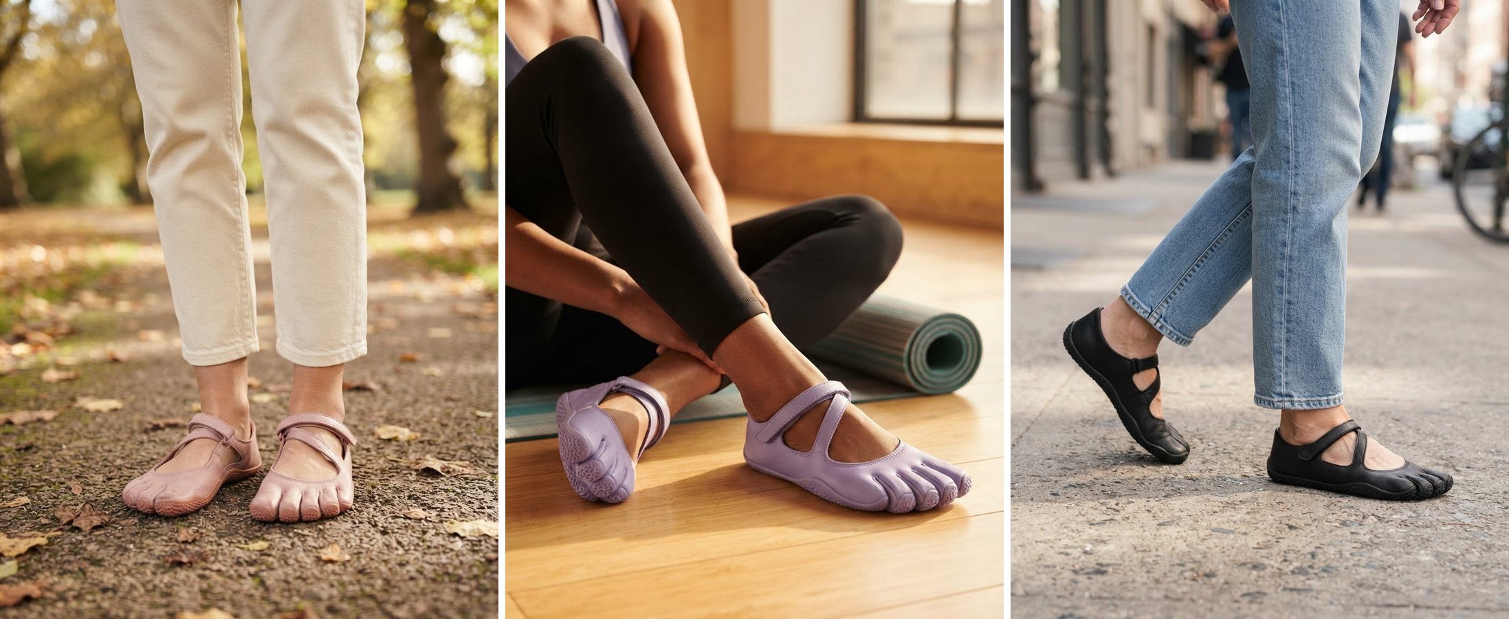 Three women wearing BarefootGo Five-Toe Shoes in pink, lavender and black