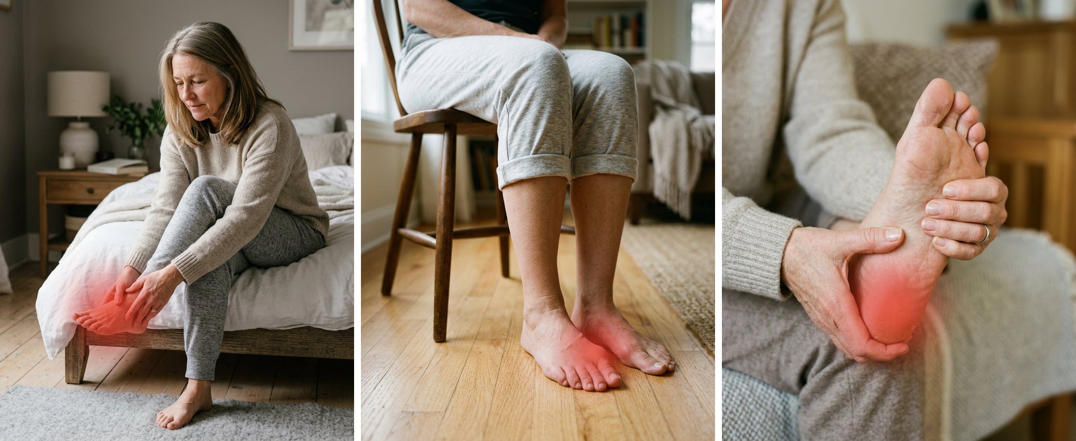 Sore feet: a woman rubbing her foot in the morning, a bunion at the big toe, and a painful heel
