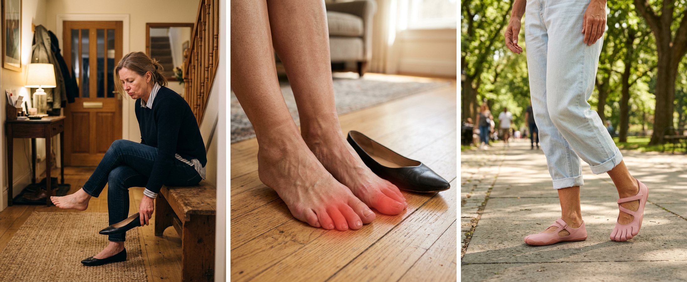 A woman taking off tight pointed flats and walking comfortably in pink toe shoes