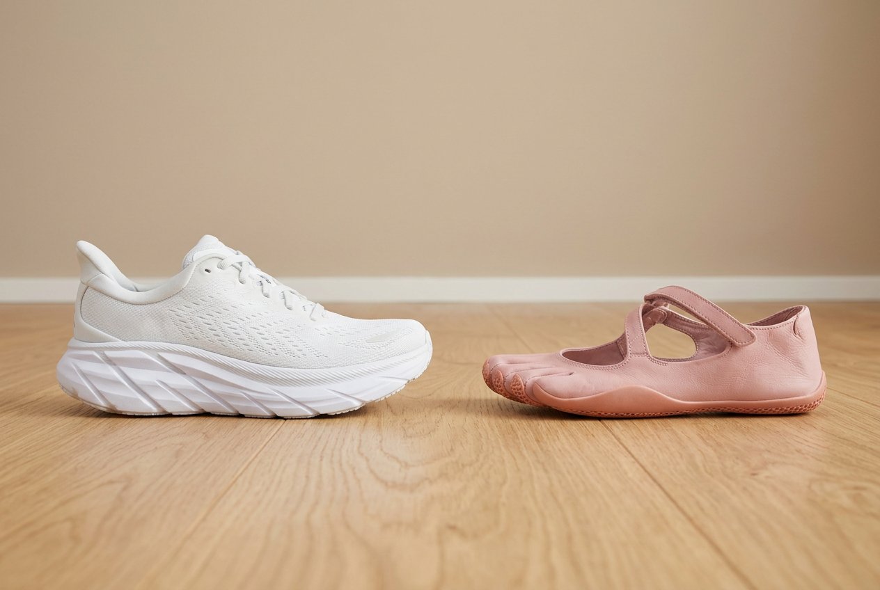 Side view: a regular sneaker with a thick cushioned sole next to a flat pink BarefootGo toe shoe