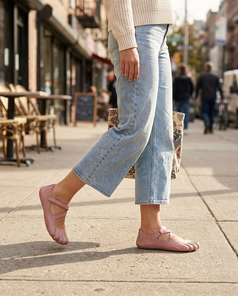 Woman walking on a city street wearing pink BarefootGo Five-Toe Shoes