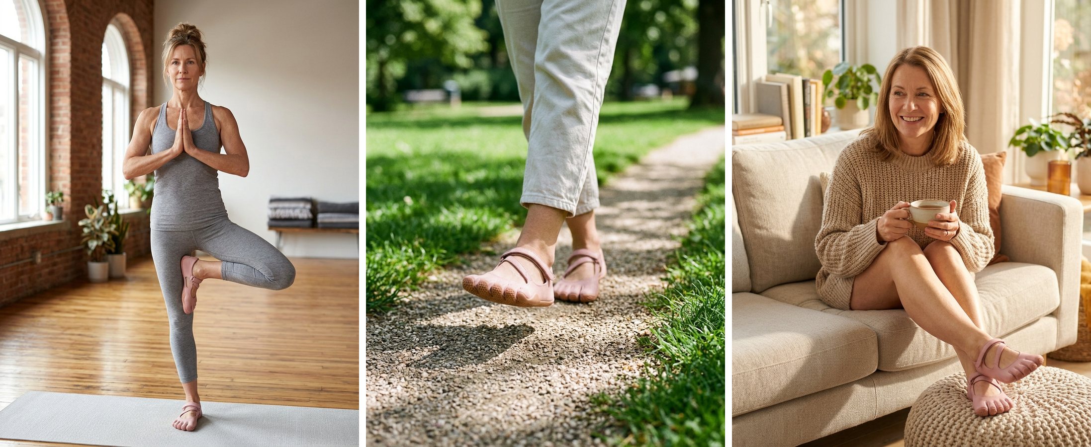 Women wearing pink BarefootGo toe shoes in a yoga tree pose, walking on a park path and relaxing at home