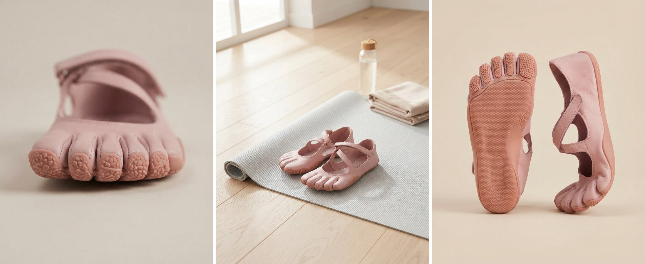 BarefootGo Five-Toe Shoes: toe pockets close-up, the pair on a yoga mat, and the flexible sole