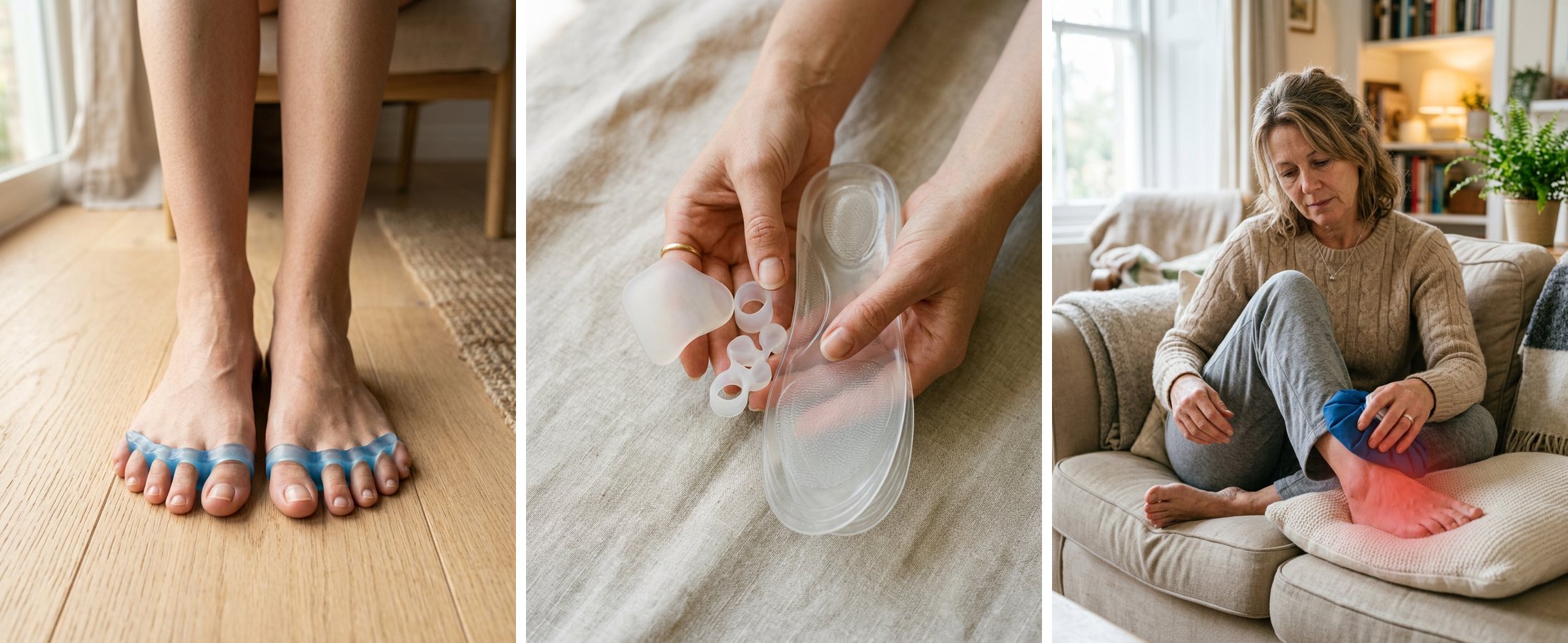 The usual fixes: silicone toe spacers, gel insoles and pads, and an ice pack on a sore foot